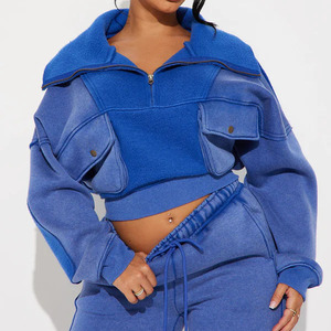 Custom Logo <strong>Women's</strong> Above Knee Splicing Color <strong>Jogger</strong> with Washed Fleece Pant Set Autumn Winter Outfits With Matching <strong>Knitting</strong> - Product Image 2