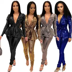 Trendy Fashion Luxus Sexy Party Langarm Frauen Outfits Pailletten Anzüge Frauen Zweiteilige Hosen Set