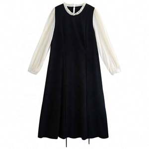 Otoño francés nuevo diseño Retro mujer manga larga vestido sólido Delgado falsificar dos piezas moda señora Stand Collar A-line vestido - Product Image 2