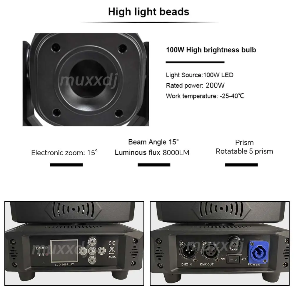 Iluminación LED de alto brillo, luz de escenario de 100W, luces de cabeza móvil de 5 prismas para Dj, fiesta de cumpleaños, Club