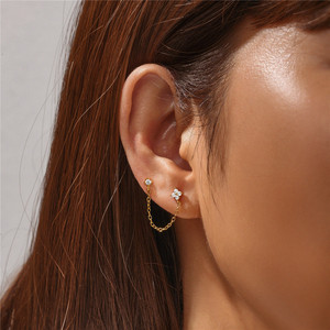 Pendientes CANNER de Plata de Ley 925 con Doble Poste, Baño de Oro de 18K, Flor de Circonita Cúbica y Cadena Colgante, Pendientes de Dos Agujeros - Product Image 5
