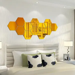 12pcs 3D Wall Sticker Mirror Hexagon Acrylic Removable Mirror For Living Room Background DIY Home Decor Wall Stickers