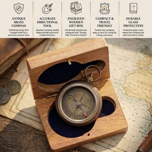 Vintage Brass <b>Compass</b> with Wooden Box <b>Engraved</b> Adventure Awaits Hiking Gift Portable Analog Hanging Ring Guide - Product Image 5