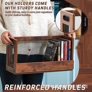 Wooden Storage Basket With Mesh Panel 3 Tier Portable Office Organizer For Cd Dvd Vinyl <b>Records</b> And Documents - Product Image 2