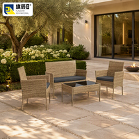 Ensemble de canapés en rotin d'extérieur, ensemble de meubles de patio 4 pièces avec 2 fauteuils individuels et table basse en verre noir