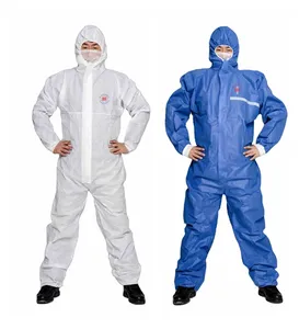 PPE baju overall sekali pakai Smms Sms warna biru oranye dengan tudung sekali pakai Jumpsuit keselamatan sekali pakai
