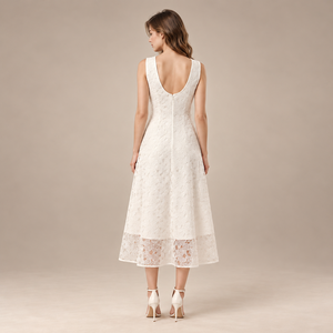 Vestido midi sin mangas de encaje floral para mujer, cuello redondo, corte en A, estilo acampanado, vestido de fiesta con dobladillo transparente - Product Image 2
