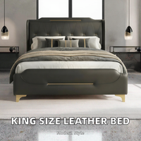 Lit plateforme moderne King Size réglable en cuir avec tête de lit et pied de lit à volants, rembourré en PU - Marque XDS, Origine Chine