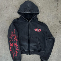 Kualitas tinggi Streetwear hitam tebal penuh Zip up asam katun murni dicuci Vintage tebal layar cetakan kebesaran cuci pria Hoodie