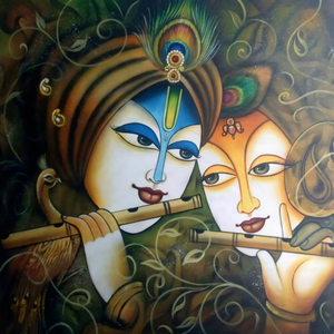 Peinture acrylique Krishna Radha Flute sur toile, décoration d'intérieur, art figuratif fait main, Art déco, portrait, jaune, rouge, noir - Product Image 1
