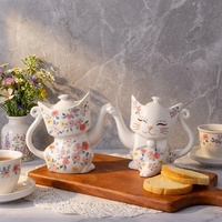 Théière en céramique en forme de chat mignon à motif floral printanier, théière en céramique en forme de chaton de dessin animé pour tisanes, ornement artisanal en céramique pour la maison