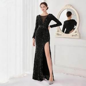 Abito Lungo Nero Vintage Sexy con Paillettes e Spacco a V Elegante Vestito <span class=keywords><strong>da</strong></span> Donna per Feste di Gala Abito <span class=keywords><strong>da</strong></span> Sera di Lusso a Maniche Lunghe - Product Image 1