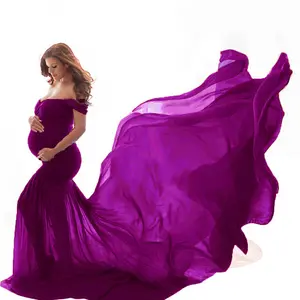 Mulheres vestido de maternidade para fotografia fora do ombro Magro cabido vestido Chiffon bebê chuveiro Maxi foto Props vestido