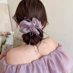 Coleteros de malla de color liso con lazo de perlas dulces de 12 cm para mujer, accesorios para el cabello - Product Image 2