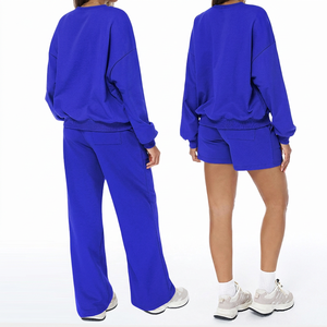 Conjunto Deportivo de Pantalones y Shorts de Algodón Azul Oversize para Mujer, Cuello Redondo, Hombros Caídos, Color Sólido, Tejido Transpirable - Product Image 2