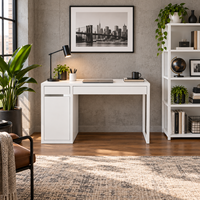 Bureau d'ordinateur minimaliste en acier blanc avec tiroir de rangement, gestion des câbles, poste de travail pour bureau à domicile, étude et écriture