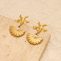 MYNECK Nouveauté Boucles d'oreilles créoles tendance en acier inoxydable plaqué or 18 carats, anti-ternissement, style bohème, motif étoile de mer et coquillage