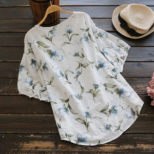 2022 neueste Design 5XL plus Größe Blumen bedruckte Kurzarm Leinen Damen hemden OC513 - Product Image 4