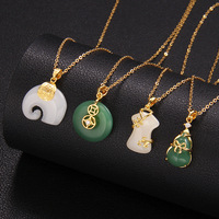 Collier Pendentif Éléphant en Acier Inoxydable avec Chaîne, Sac Porte-Bonheur, Bouton de Sécurité, Feuille et Jade Vert CZ pour Femme - Vente Chaude