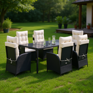 Set da pranzo da giardino nero e crema per 6 persone, in rattan, resistente alle intemperie, design contemporaneo - Product Image 2