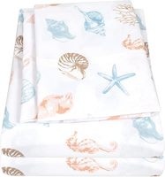 Parure de draps en microfibre 4 pièces à imprimé coquillages marins, drap-housse, drap plat, taie d'oreiller, literie côtière - Points de vente du produit