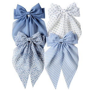 Barrette à cheveux mignonne en mousseline à carreaux floraux avec nœud, motif pois bleus et blancs, ruban long, pour les fêtes et le quotidien - Product Image 1