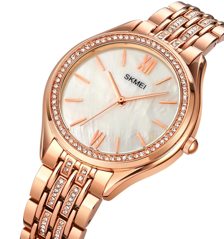 Relojes Mujer Skmei 1970 Women Rose Gold Diamond Wristwatches Ladies Zinc Alloy Strap Quartz Watch 30M Waterproof