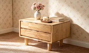 Premium Solid 2 <b>Drawer</b> Nightstand, Minimalist Wooden Bedside Table with Round Legs for Bedroom - Product Image 2