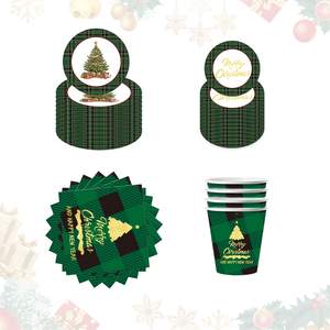 Platos, Servilletas y Vasos de Papel con Diseño de Árbol de Navidad en Cuadros Verdes y Dorado, para Decoración de Mesa en Fiestas Navideñas, Vajilla Desechable - Product Image 1