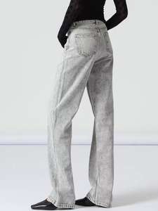 OEM OED <span class=keywords><strong>Jeans</strong></span> droits à taille haute pour femmes Denim <span class=keywords><strong>gris</strong></span> brodé Rivet Bouton Loose Fit Baggy <span class=keywords><strong>Mom</strong></span> Style Long Drapé Casual Waist - Product Image 2