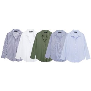 Camisa de Popelina de Algodón para <span class=keywords><strong>Mujer</strong></span>, Corte Holgado, Manga Larga, con Botones, en Varios Colores Sólidos, Personalizable (OEM/ODM), Estilo Vintage - Product Image 1