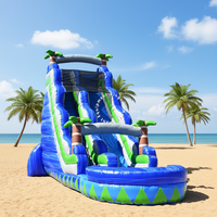 Structure gonflable commerciale pour jardin, avec toboggan aquatique tropical, château sauteur et zone de saut, en bâche PVC 0,55 mm
