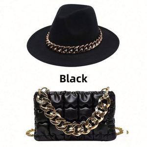 Custom Wholesale Vintage British Style Lady Wide Flat Brim Wool Panama Fedora Hat and Purse Fedora Hat With Chains - Product Image 5