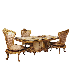 Ensemble de table à manger de luxe sculptée à 6 places, table à manger et chaises de qualité supérieure, ensemble de meubles de salle à manger dorés - Product Image 1