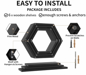 Juego de 6 estantes flotantes hexagonales de madera de pino montados en la pared para cocina y baño, exhibición de fotos y plantas - Product Image 6