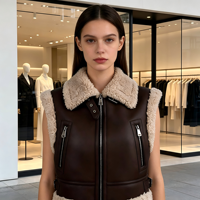 Gilet en fausse fourrure marron mélangé automne/hiver, veste courte tendance style motard avec patchwork