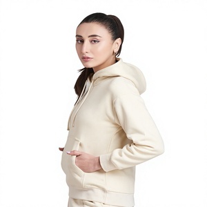 <b>Women</b> <b>Cream</b> Hooded Sweatshirt Set Cotton <b>Fleece</b> Solid Color Casual Autumn Wear With Pockets Regular Fit - Product Image 4