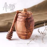 Pot à miel en bois d'olivier antique ArtisRaw avec cuillère sculptée à la main (Origine tunisienne) - Thème vintage, cadeau pour la fête des mères