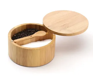 Bamboo Salt Box Container Divided Spice and Pepper Bowl Cellar with Serving Spoon Sea Salt Seasoning Keeper Holder