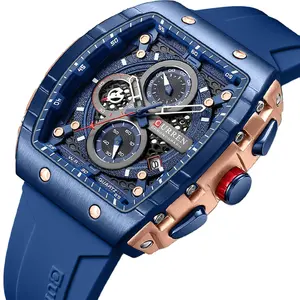 2023 CURREN 8442 New Fashion Blue Sports Luminous Watches Large Dial Unique Square Hollow Design Quartz Wristwatches Auto Date