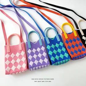 Nieuwe Designer Telefoontas Meisjes Ingecheckt Haak Telefoontas Gebreide Schooltas Mini Crossbody Draagtassen