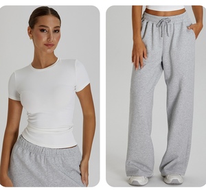 XW-TM0252Y-1 Completo Sportivo da <span class=keywords><strong>Donna</strong></span> per Esterno, T-Shirt Fitness <span class=keywords><strong>a</strong></span> <span class=keywords><strong>Coste</strong></span> e <span class=keywords><strong>Pantaloni</strong></span> Larghi per Yoga e Palestra - Product Image 2