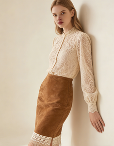 Women's Caramel Suede-Like <b>Knitted</b> Pencil Skirt Moisture-Wicking Vintage Knee-Length Effortless Chic Autumn - Product Image 4