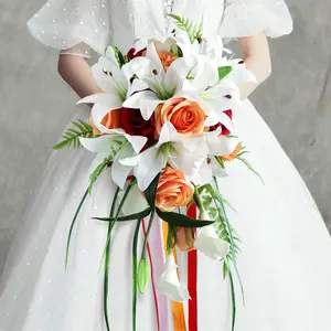 2024 bridal holding bouquet artificial plants and flowers rose lily bouquet for wedding