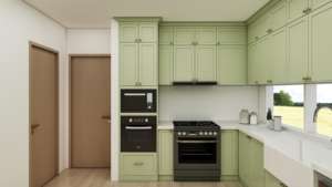 Ensemble de cuisine complet en forme de U de style shaker vert moderne avec armoires de base pour évier RTA en panneau de mélamine - Product Image 4