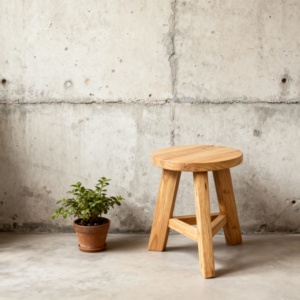 Old Teak Stool with Sustainable Reclaimed Wood and Triangle <b>Legs</b>, Natural Weathered Texture Round Stool for Home Decor - Product Image 1