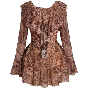 Robe courte en mousseline de soie à imprimé léopard pour femmes FOXA, taille plus, manches cloche, style vintage, pour les vacances - Product Image 1