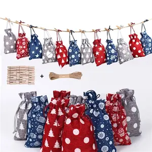 Bolsa de calendario de adviento de Navidad, bolso de lino con cordón para colgar en la pared, con Clips, letrero de madera, cuenta atrás de Navidad, 24 Uds.