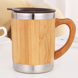 2022 Double Paroi Écologique 350ml Bambou Bois En Acier Inoxydable Isolation Sous Vide Thermique Café Thé Tasse Tasse avec Poignée et Couvercle - Product Image 6