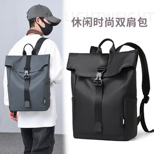 Cross-border Custom European-style minimalist <b>roll</b>-<b>top</b> <b>backpack</b>, casual <b>roll</b>-flap <b>top</b> pack, leather-finish business travel - Product Image 5